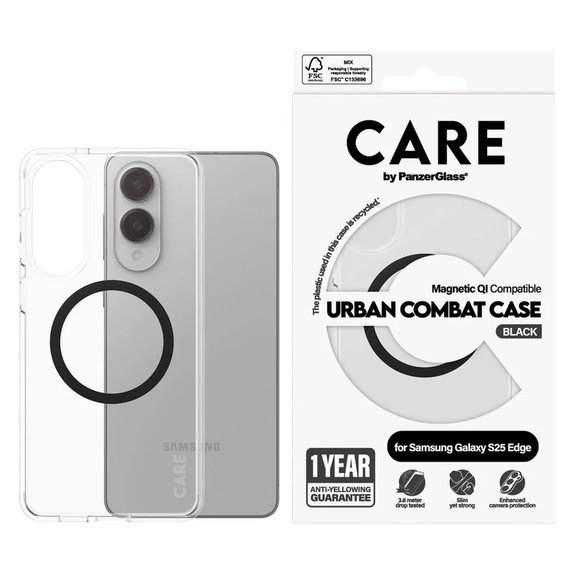 Case Urban Combat with Black QI for Samsung Galaxy S25 Edge, Transparent, PanzerGlass