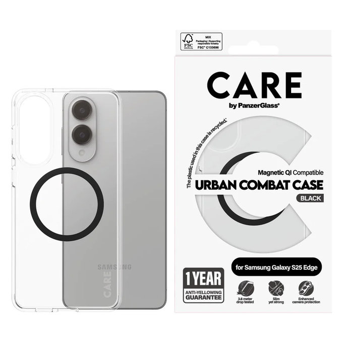 Case Urban Combat with Black QI for Samsung Galaxy S25 Edge, Transparent, PanzerGlass