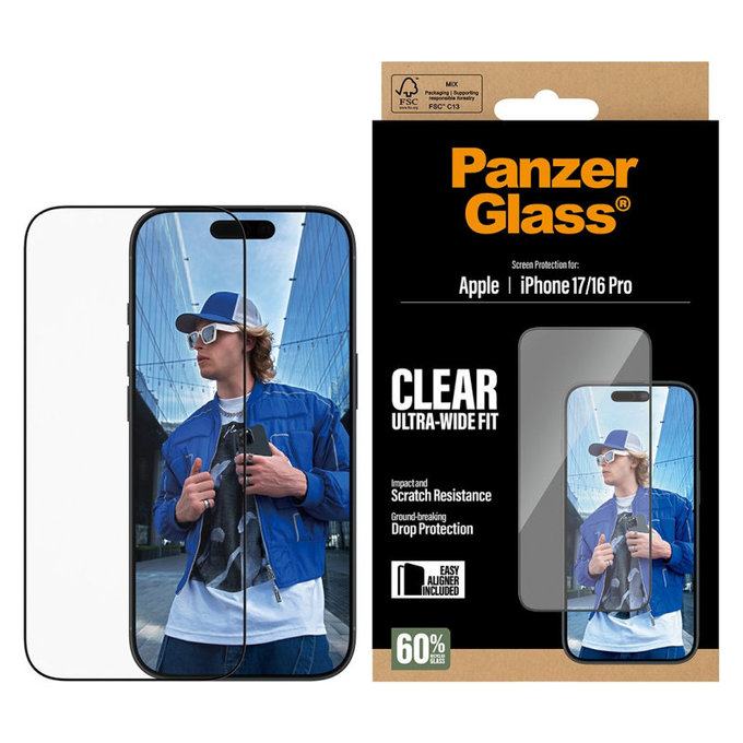 UWF Tempered Glass with Applicator for iPhone 17/16 Pro, Black, PanzerGlass
