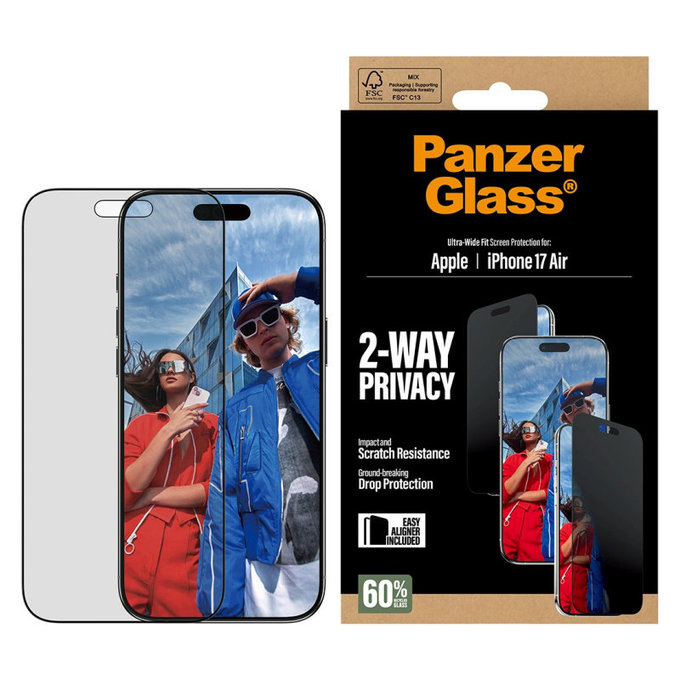 Tempered Glass UWF 2-Way Privacy with Applicator for iPhone 17 Air, Black, PanzerGlass