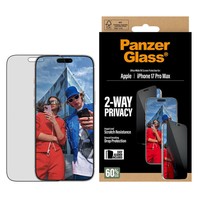 UWF 2-Way Privacy Tempered Glass with Fastfit for iPhone 17 Pro Max, Black, PanzerGlass