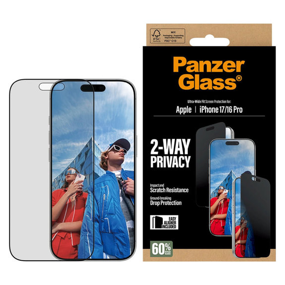 UWF 2-Way Privacy Tempered Glass with Fastfit for iPhone 17/16 Pro, Black, PanzerGlass