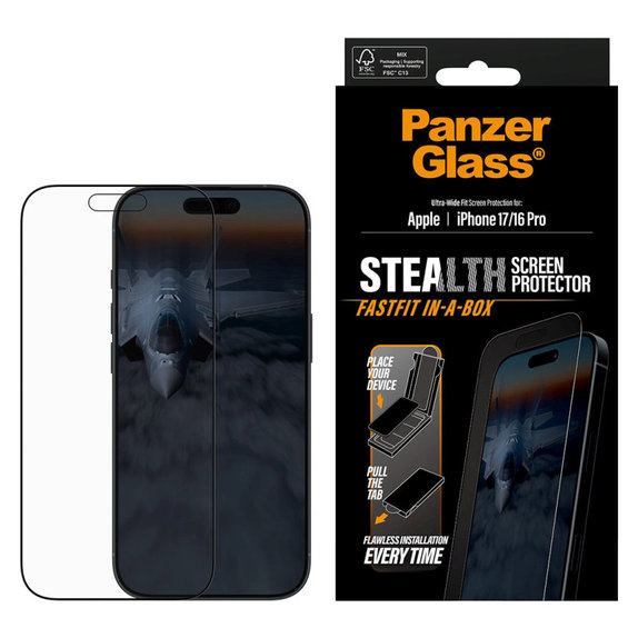Tempered Glass UWF Stealth with Fastfit for iPhone 17/16 Pro, Black, PanzerGlass
