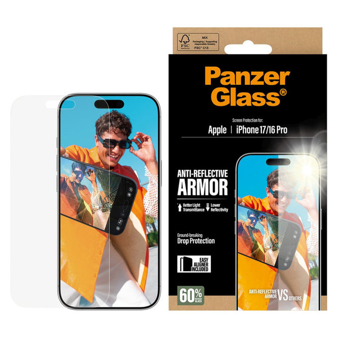 Tempered Glass Anti-Reflective with Applicator for iPhone 17/16 Pro, Black, PanzerGlass