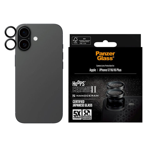 Camera Lens Protector Hoops Ceramic II for iPhone 17/16 Plus/16, Black, PanzerGlass