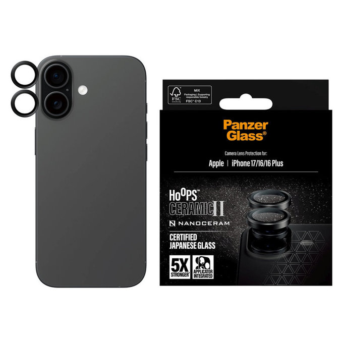 Camera Lens Protector Hoops Ceramic II for iPhone 17/16 Plus/16, Black, PanzerGlass