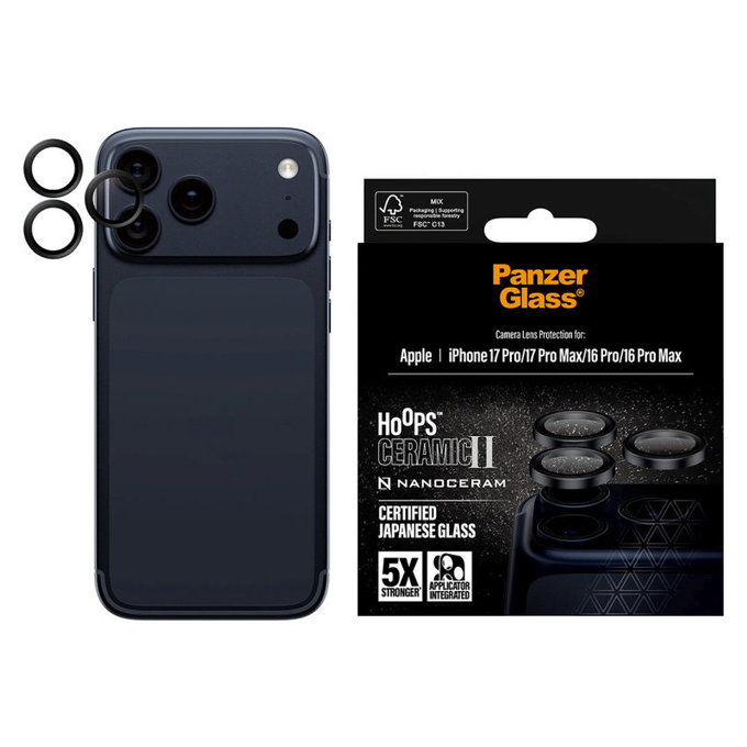 Hoops Ceramic II Camera Lens Protector for iPhone 17 Pro Max/17 Pro/16 Pro Max/16 Pro, Black, PanzerGlass
