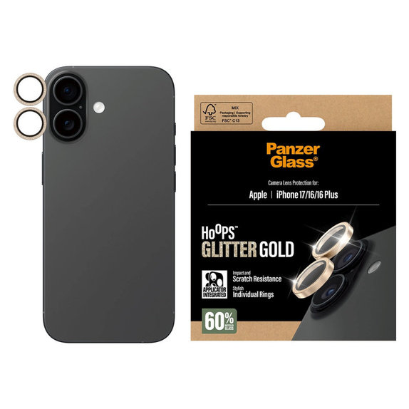 Camera Lens Protector Hoops for iPhone 17/16 Plus/16, Glitter Gold, PanzerGlass