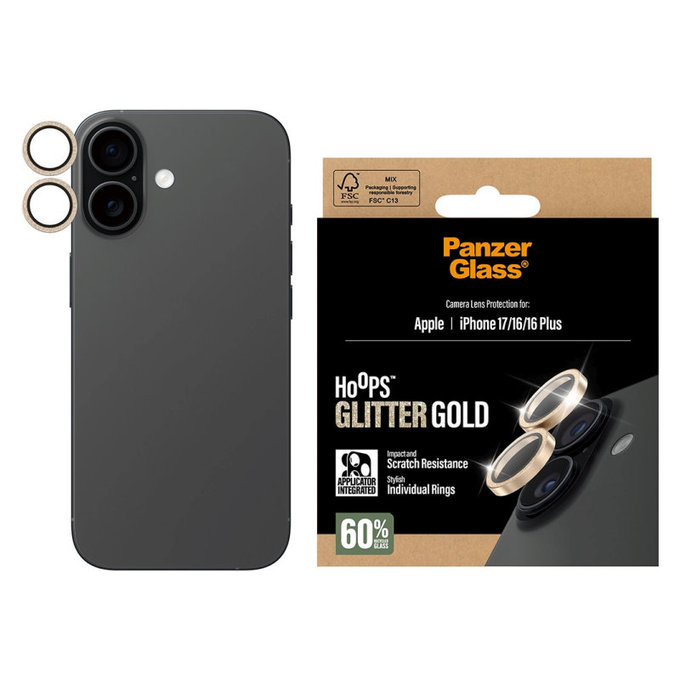 Camera Lens Protector Hoops for iPhone 17/16 Plus/16, Glitter Gold, PanzerGlass