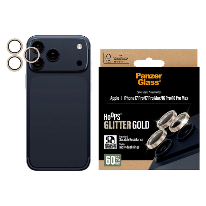 Camera Lens Protector Hoops for iPhone 17 Pro Max/17 Pro/16 Pro Max/16 Pro, Glitter Gold, PanzerGlass
