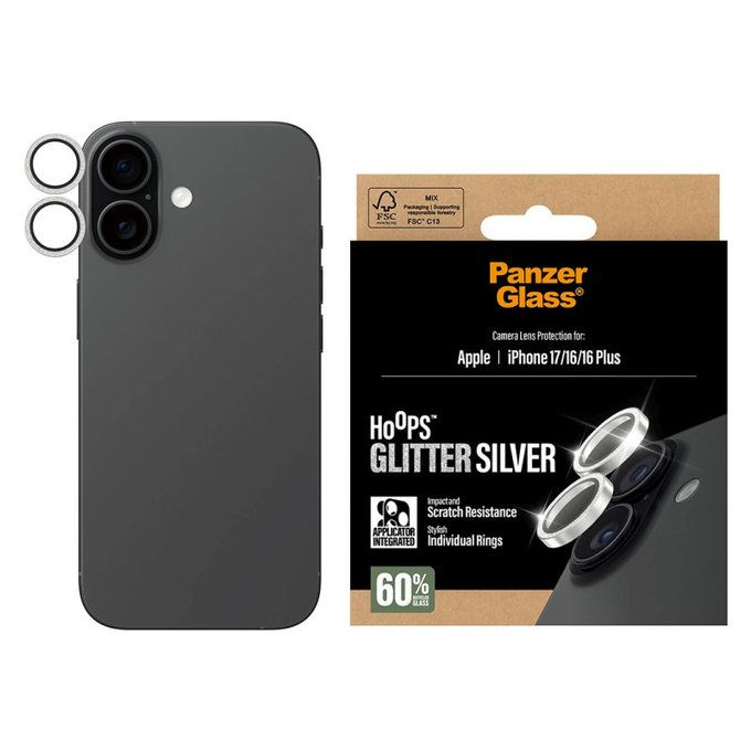 Camera Lens Protector Hoops for iPhone 17/16 Plus/16, Glitter Silver, PanzerGlass