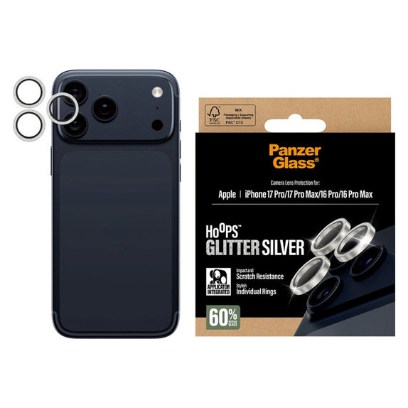 Camera Lens Protector Hoops for iPhone 17 Pro Max/17 Pro/16 Pro Max/16 Pro, Glitter Silver, PanzerGlass
