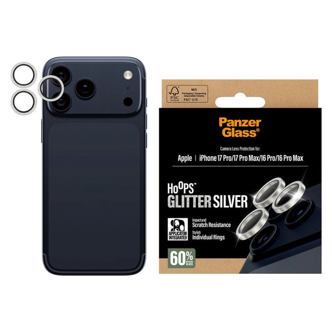 Camera Lens Protector Hoops for iPhone 17 Pro Max/17 Pro/16 Pro Max/16 Pro, Glitter Silver, PanzerGlass