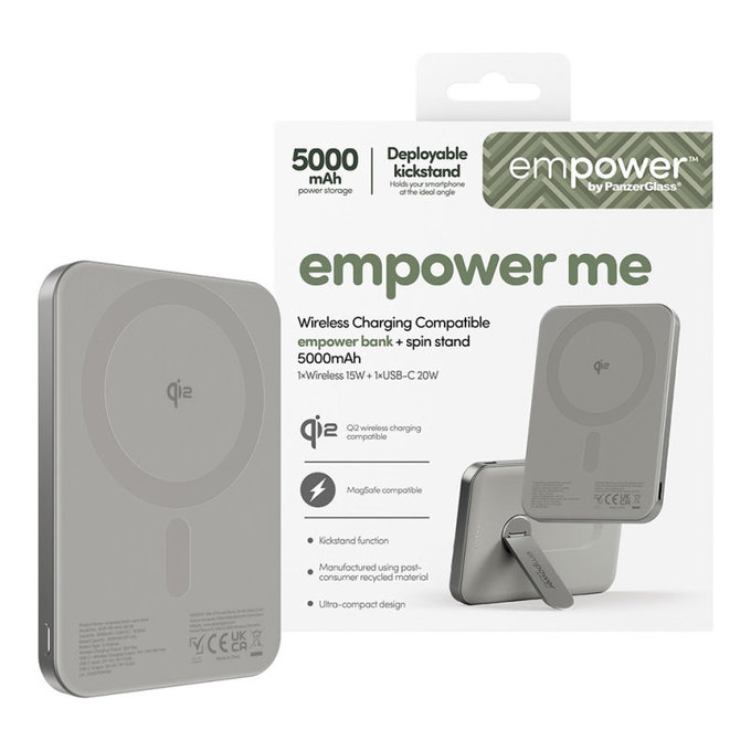 Wireless PowerBank 5000 mAh, with Rotating Stand 20 W, MagSafe Compatible, Qi2/USB-C, Titanium, empower
