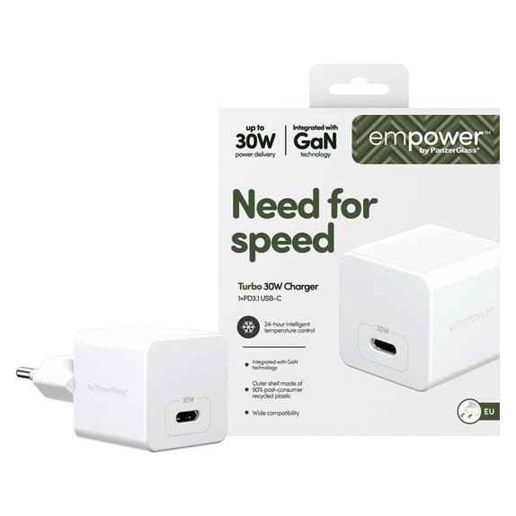 Travel Adapter Grand Prix USB-C, GaN, 30 W PD, silver white, empower