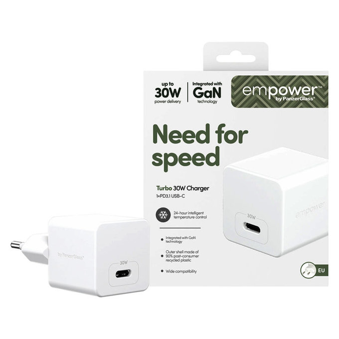 Travel Adapter Grand Prix USB-C, GaN, 30 W PD, silver white, empower