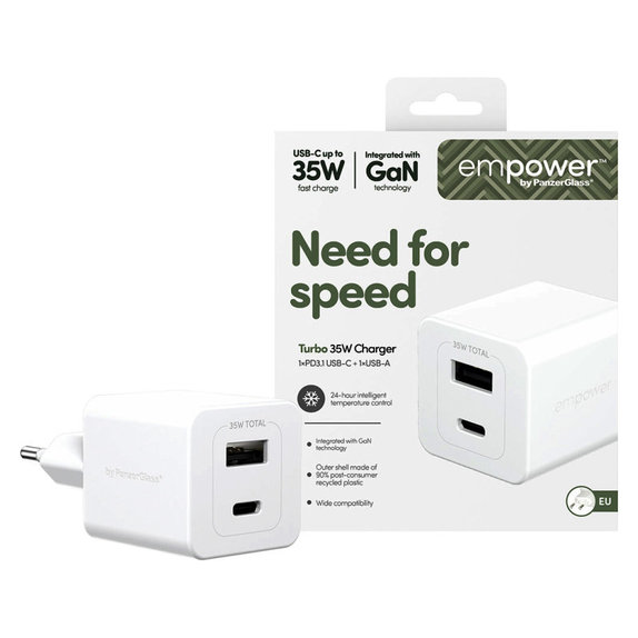 Travel Adapter Grand Prix USB-C/USB-A, GaN, 35 W PD, silver white, empower