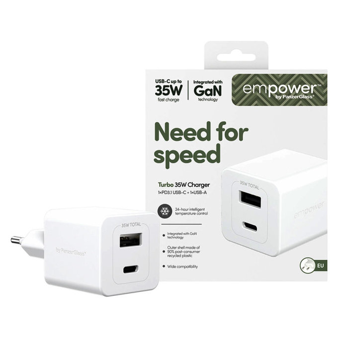 Travel Adapter Grand Prix USB-C/USB-A, GaN, 35 W PD, silver white, empower