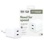 Travel Adapter Grand Prix 2x USB-C, GaN, 45 W PD, Silver White, empower
