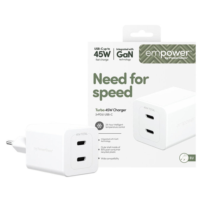 Travel Adapter Grand Prix 2x USB-C, GaN, 45 W PD, Silver White, empower