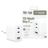 Travel Adapter Grand Prix 2x USB-C/USB-A, GaN, 70 W PD, Silver White, empower