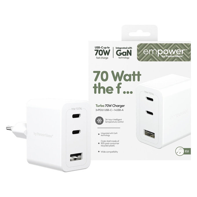 Travel Adapter Grand Prix 2x USB-C/USB-A, GaN, 70 W PD, Silver White, empower