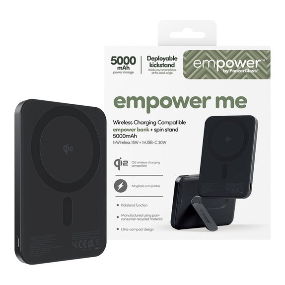 Wireless PowerBank 5000 mAh with rotating stand, 20 W, compatible with MagSafe, Qi2/USB-C, Space Black, empower