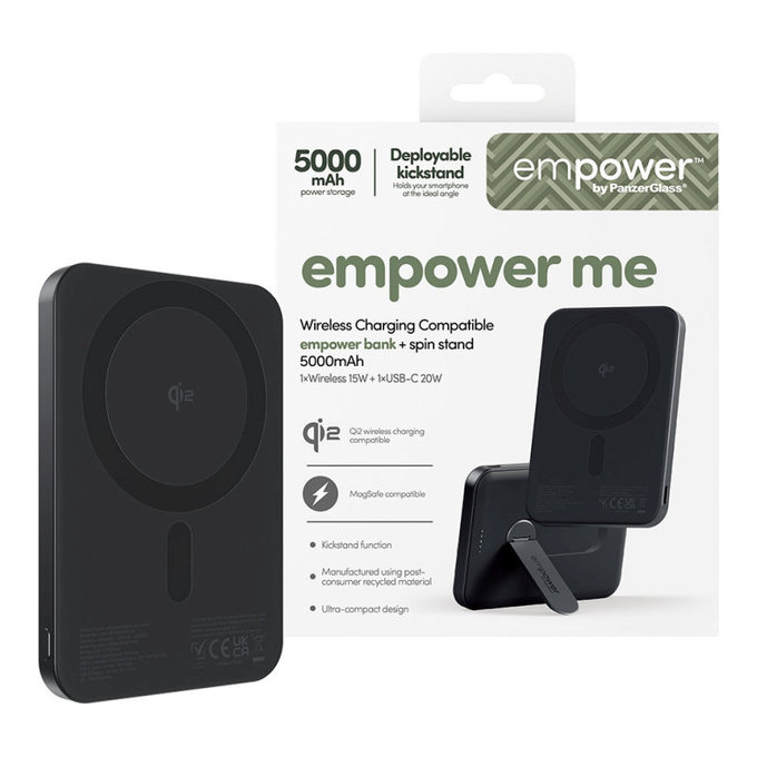 Wireless PowerBank 5000 mAh with rotating stand, 20 W, compatible with MagSafe, Qi2/USB-C, Space Black, empower