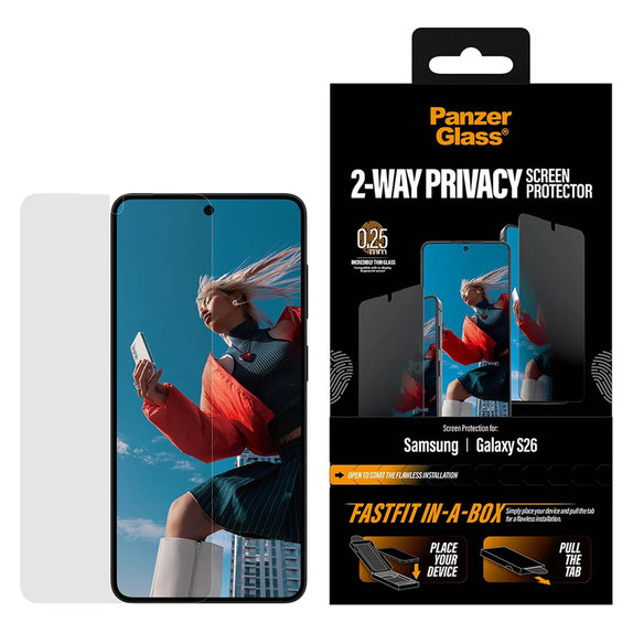 Tempered Glass UWF 2-Way Privacy with FASTFIT In-A-Box for Samsung Galaxy S26, Clear, PanzerGlass
