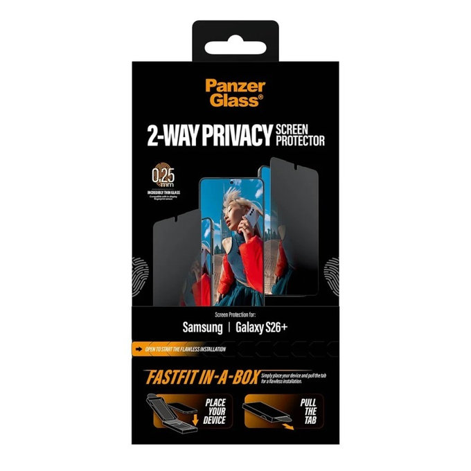 PanzerGlass - UWF 2-Way Privacy Tempered Glass with FASTFIT In-A-Box for Samsung Galaxy S26+, clear
