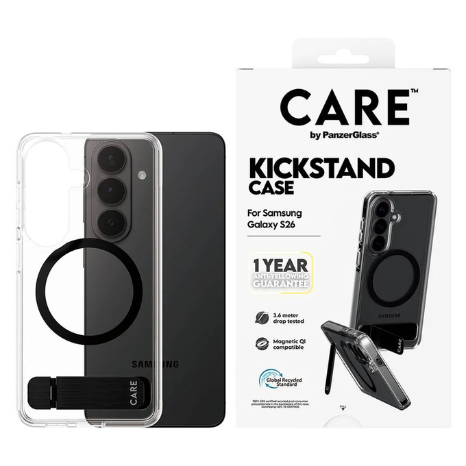 Case Kickstand with Black QI for Samsung Galaxy S26, Transparent, PanzerGlass