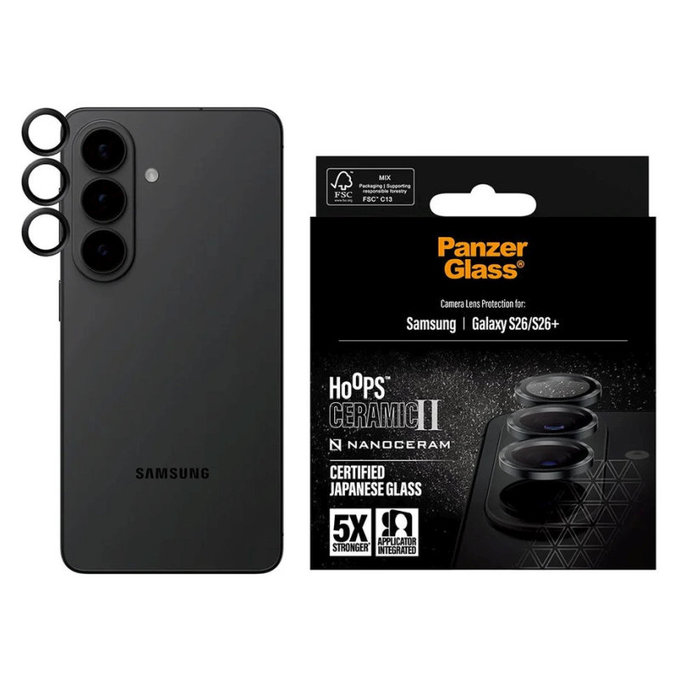 Hoops Ceramic II Camera Lens Protector for Samsung S26/S26+, Black, PanzerGlass