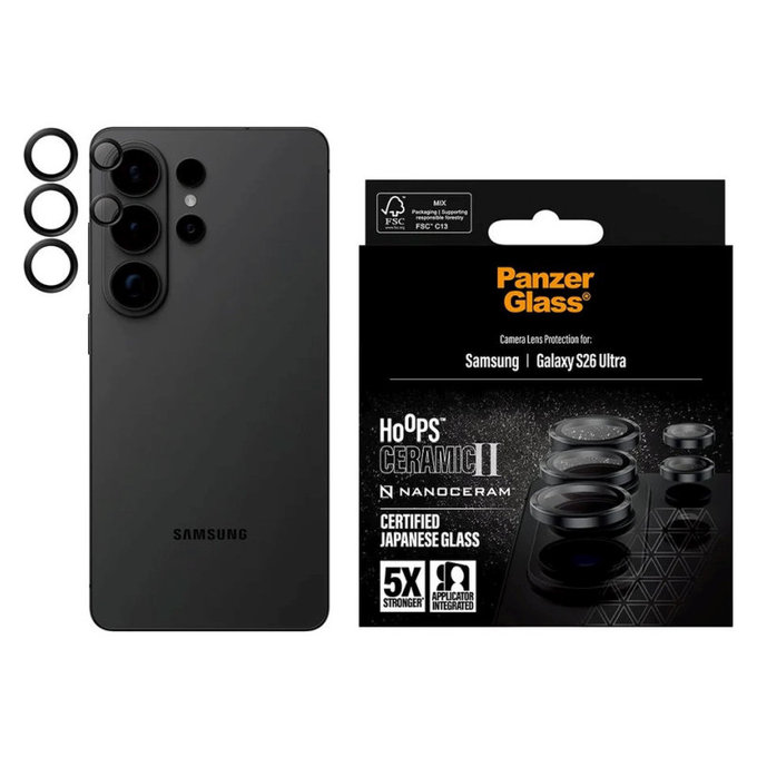 Hoops Ceramic II Camera Lens Protector for Samsung S26 Ultra, Black, PanzerGlass