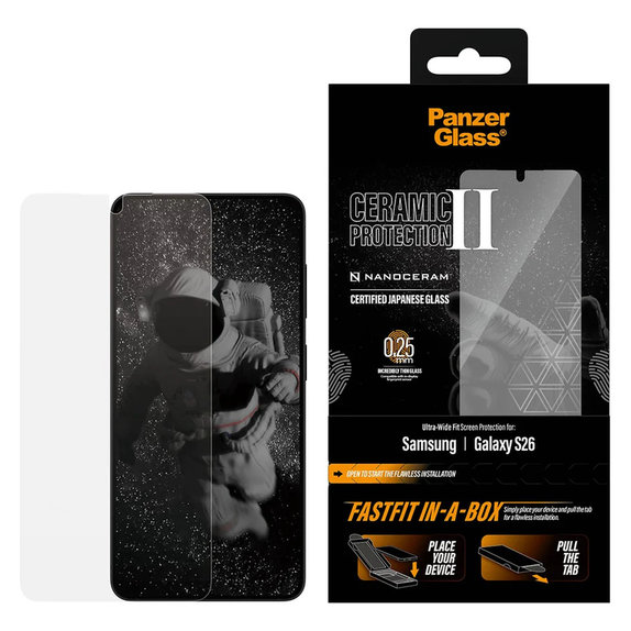 Tempered Glass UWF Ceramic with FASTFIT In-A-Box for Samsung Galaxy S26, Clear, PanzerGlass