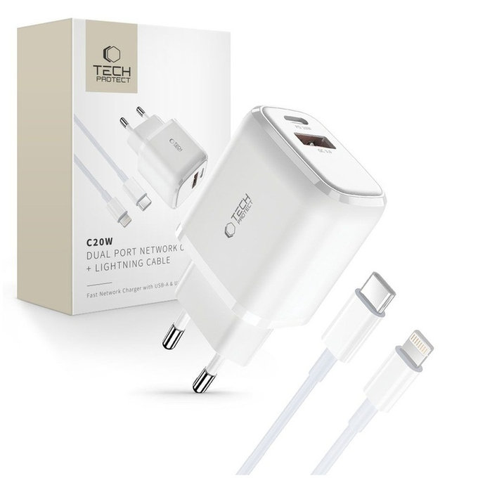 Wall charger C20W 2-PORT PD 20W / QC3.0 + Lightning Cable, white, Tech-Protect