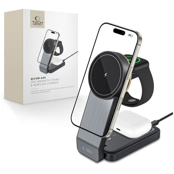 Wireless charger QI15W-A28 3IN1 Magnetic MagSafe, black, Tech-Protect