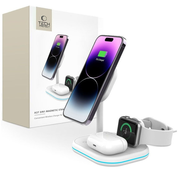 Wireless charger QI15W-A27 3IN1 Magnetic MagSafe, white, Tech-Protect