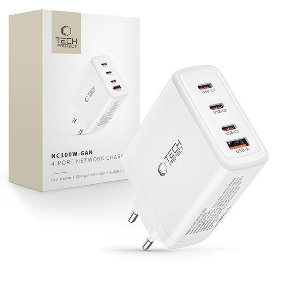 Wall charger NC100W-GAN 4-PORT PD 100W / QC3.0, white, Tech-Protect