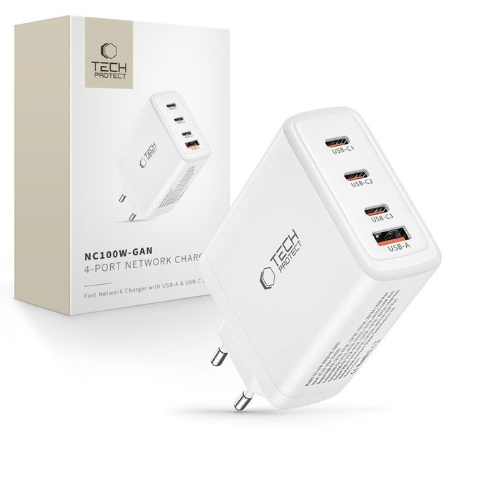 Wall charger NC100W-GAN 4-PORT PD 100W / QC3.0, white, Tech-Protect