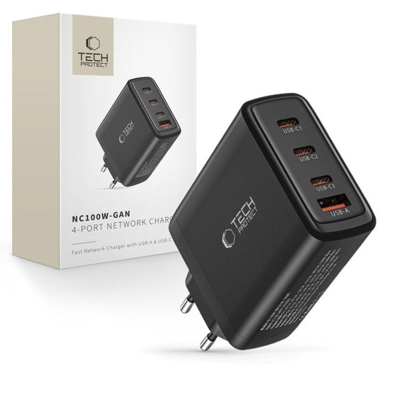 Wall charger NC100W-GAN 4-PORT PD 100W / QC3.0, black, Tech-Protect