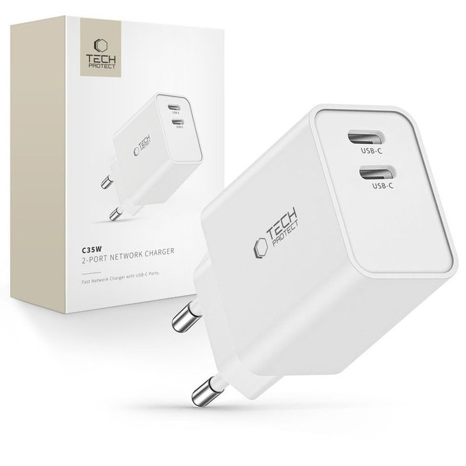Wall charger C35W 2-PORT PD 35W, white, Tech-Protect
