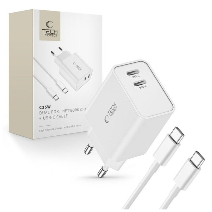 Wall charger C35W 2-PORT PD 35W + USB-C Cable, white, Tech-Protect