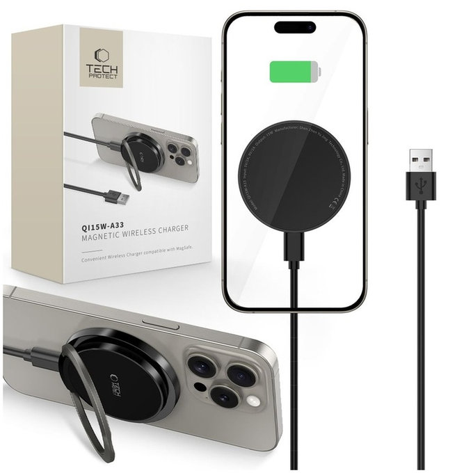 Wireless charger QI15W-A33 Magnetic MagSafe, black, Tech-Protect
