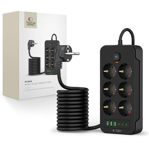 Wall charger PC6X6 Power Strip 3 USB & 3 USB-C & 6 Socket 200cm, black, Tech-Protect