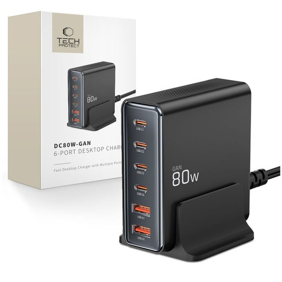 Wall charger DC80W-GAN 6-PORT PD 80W / QC3.0, black, Tech-Protect