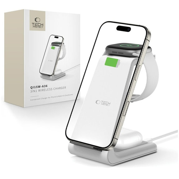 Wireless charger QI15W-A36 3IN1 for Apple, white, Tech-Protect