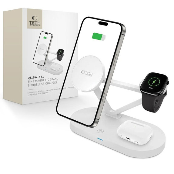 Wireless charger QI15W-A41 3IN1 Magnetic MagSafe, white, Tech-Protect