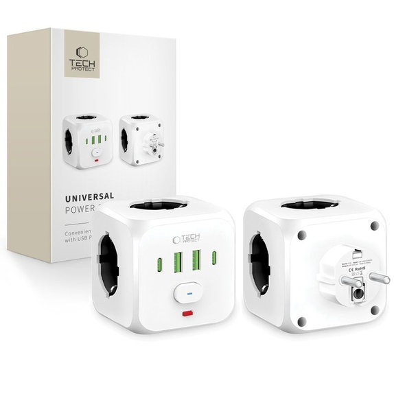 Wall charger PCL3X4 Power Socket 2 USB & 2 USB-C & 3 Socket, white, Tech-Protect
