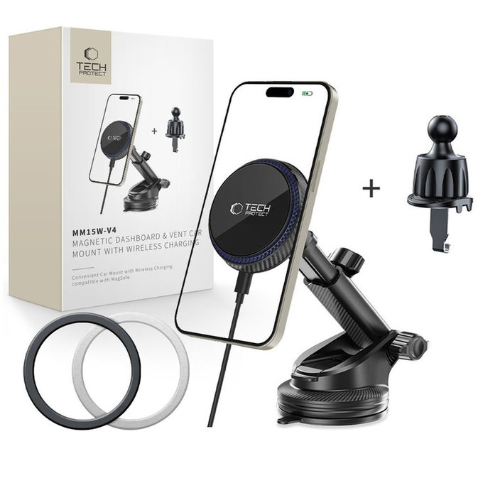 Car mount MM15W-V4 Magnetic MagSafe Dashboard & Vent 15W, black, Tech-Protect
