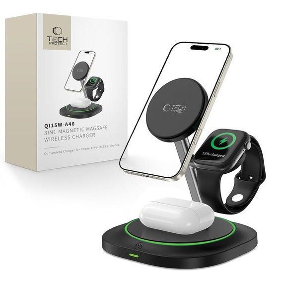 Wireless charger QI15W-A46 3IN1 Magnetic MagSafe, black, Tech-Protect